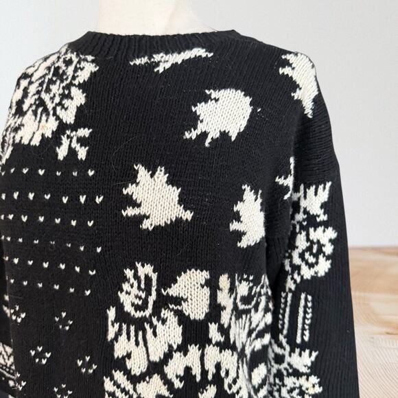 Marshall Field's Vintage Floral Intarsia Sweater Sz L Black White Cotton Blend - Picture 3 of 13